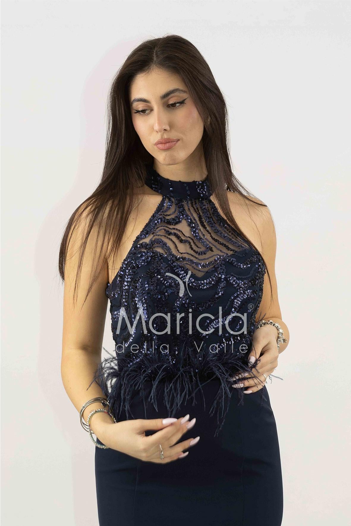abito lungo con corpetto in strass e piume SH842AL BLU SHARON 