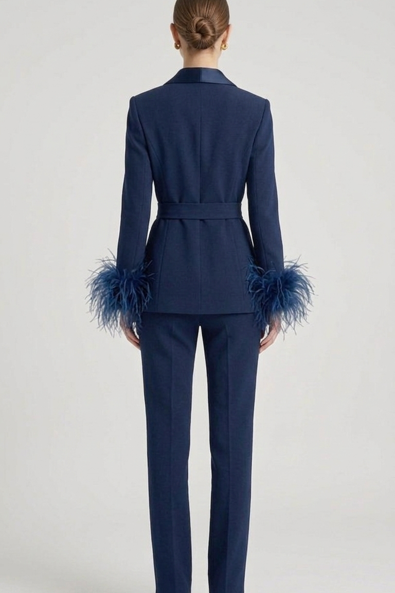 tailleur con cintura e piume EC04610 BLU MARICLA 