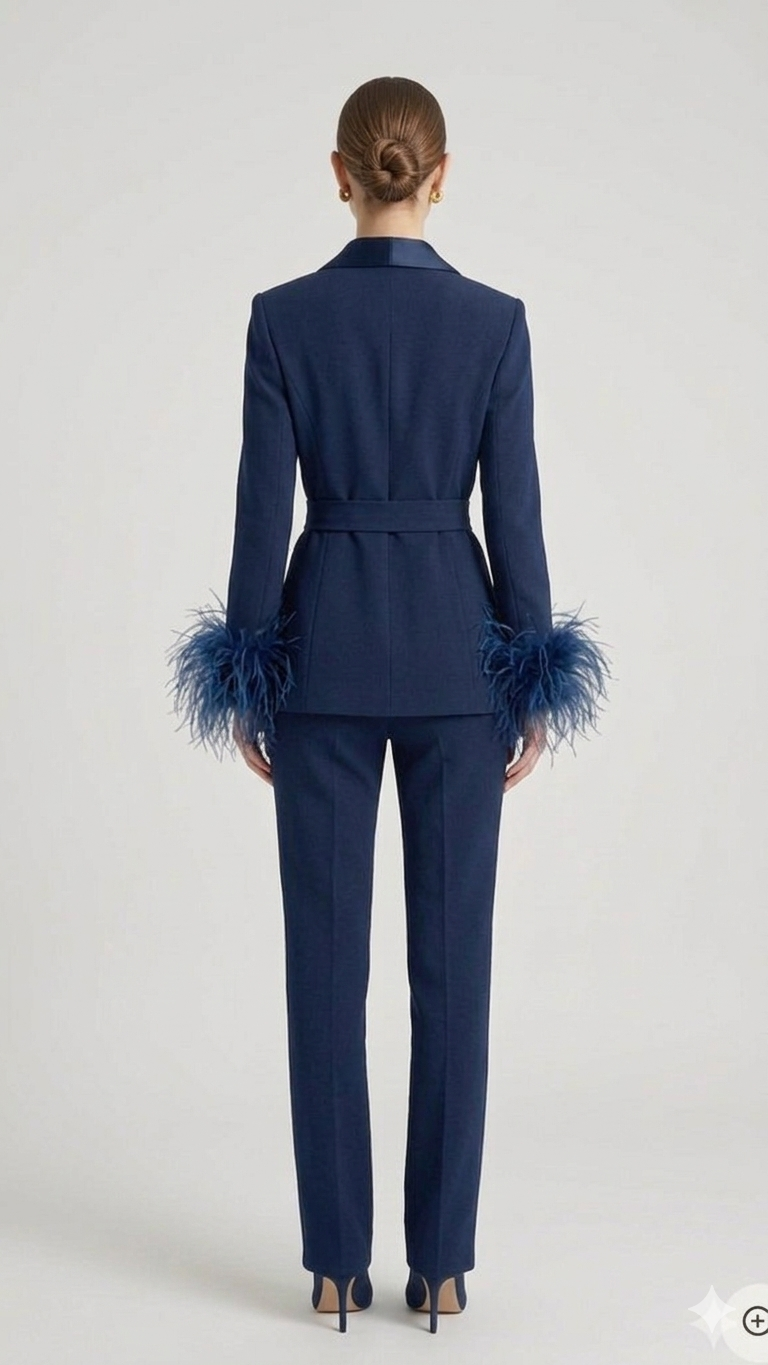 tailleur con cintura e piume EC04610 BLU MARICLA 