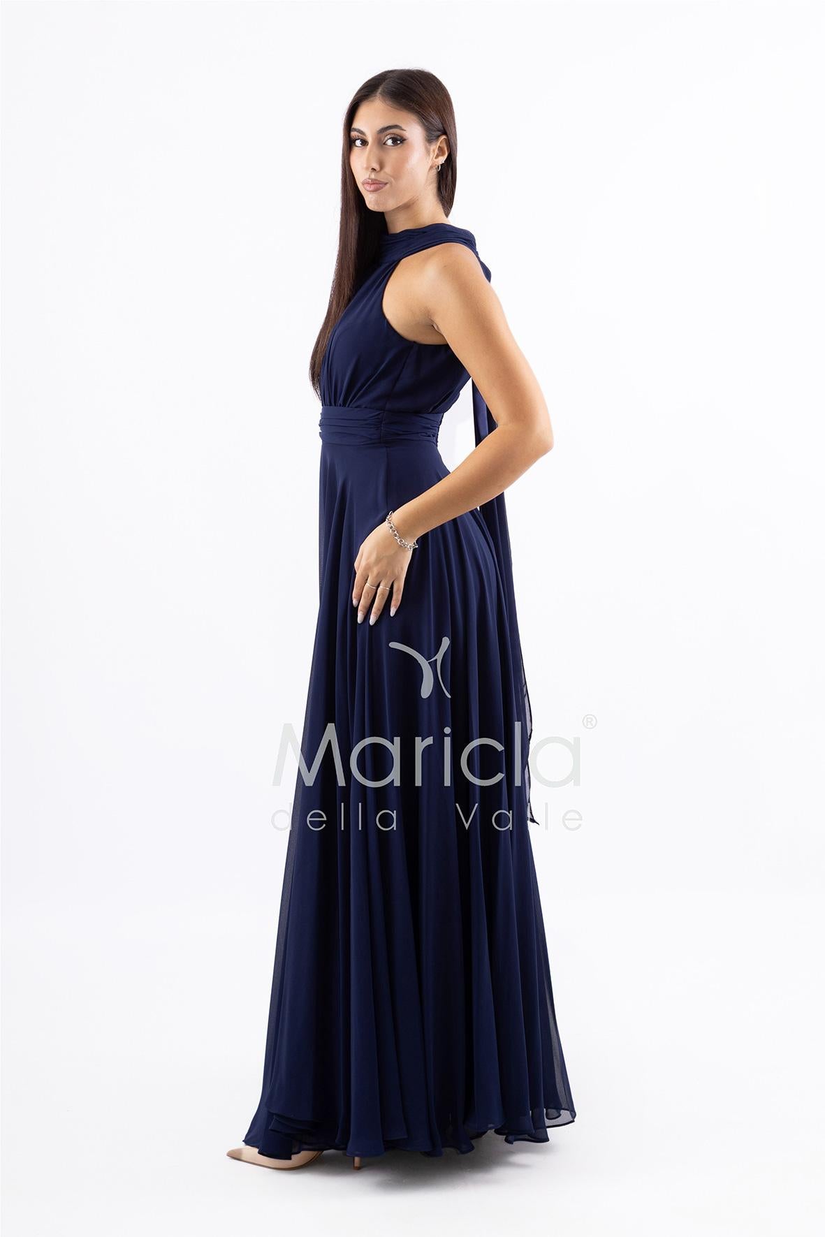 Abito lungo in chiffon con scollo americano FI7518 BLU MARICLA ELEGANCE 