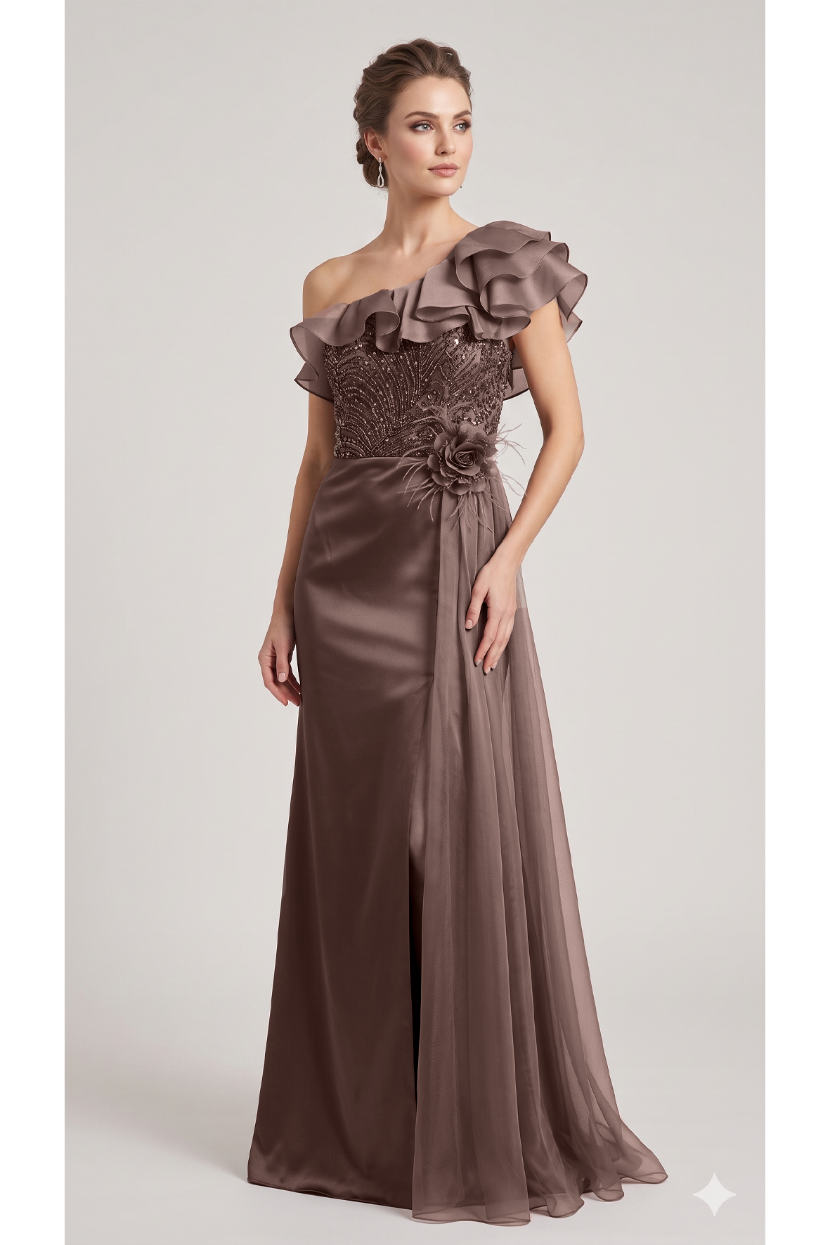 abito lungo fiore laterale ed organza KMK622 VISONE MARICLA ELEGANCE 