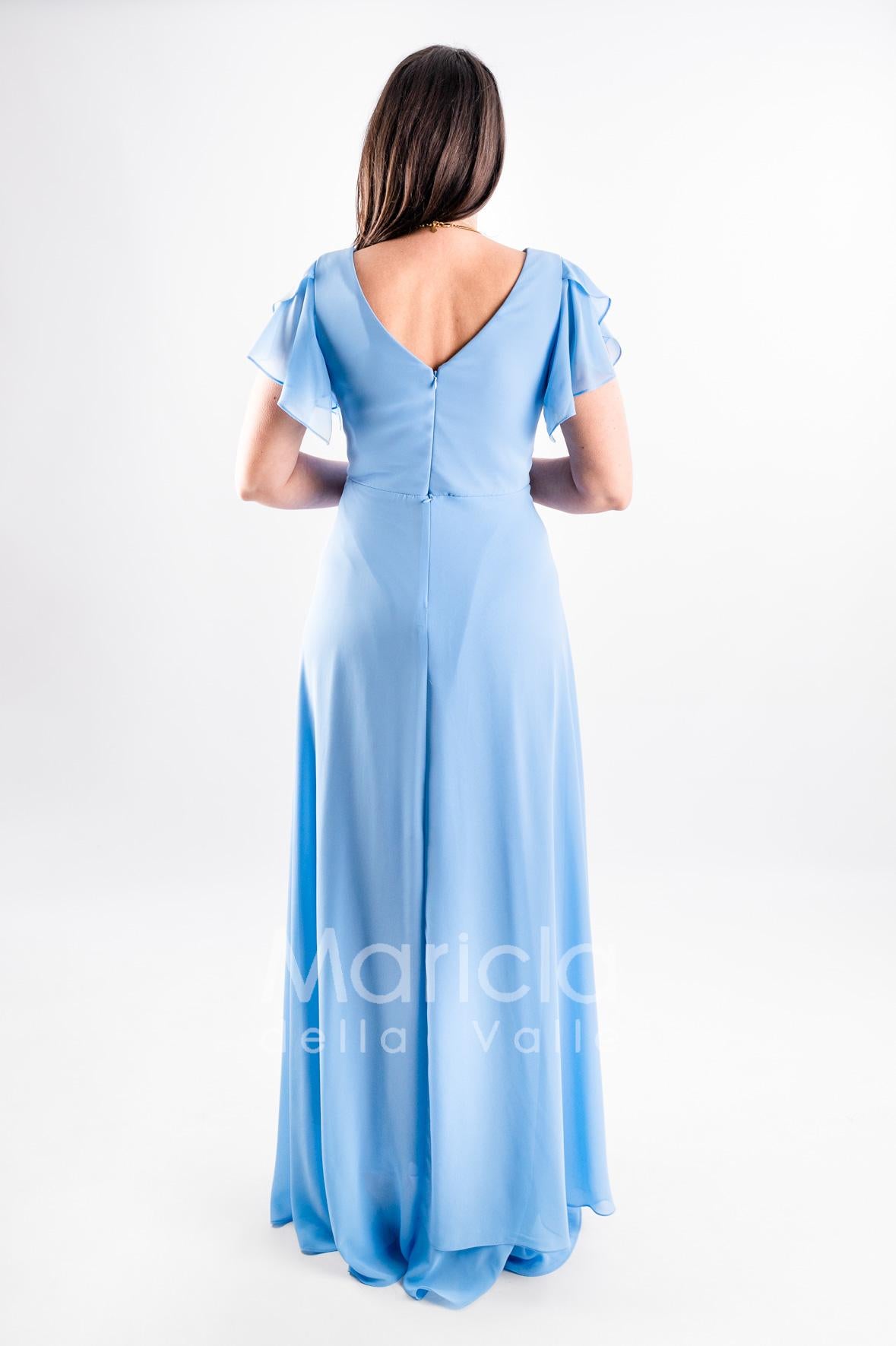 abito lungo chiffon con spilla gioiello JC35164 CELESTE MARICLA ELEGANCE 