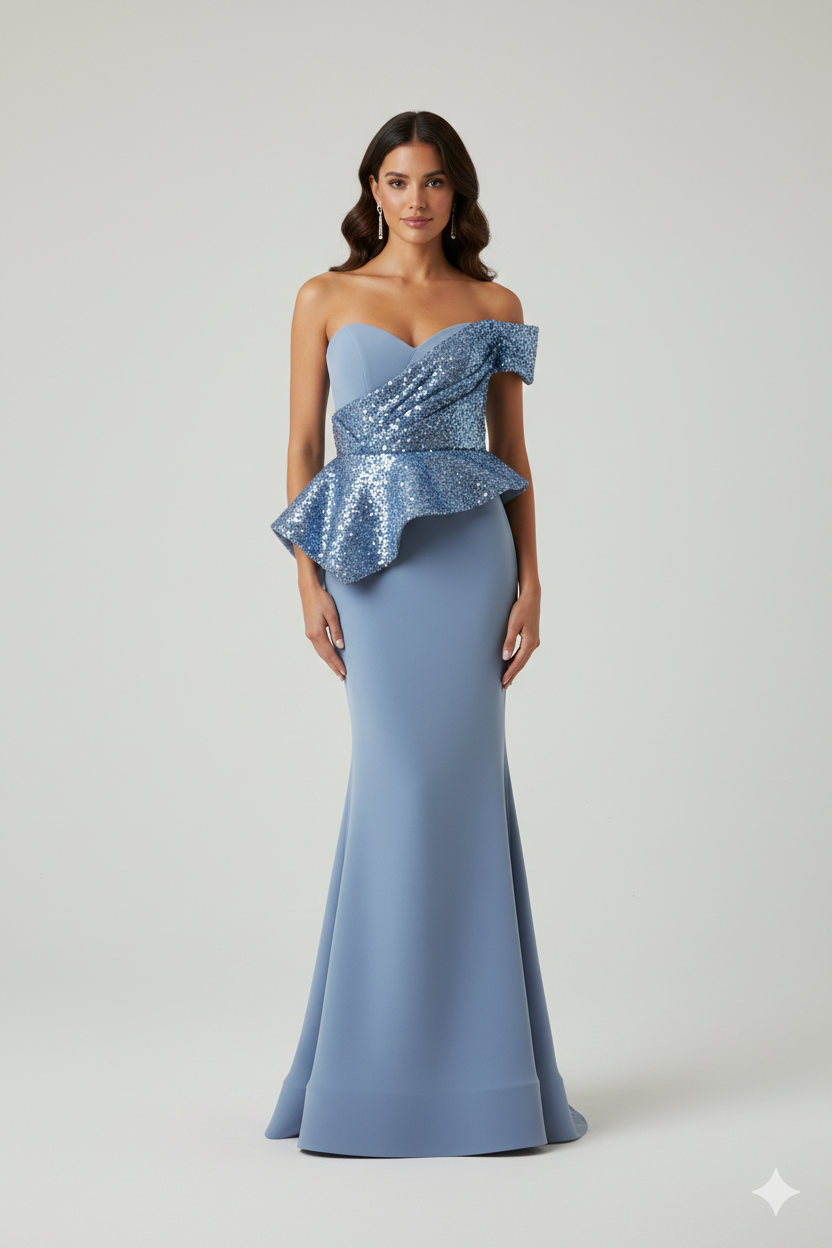 Abito a sirena con baschina ANT138GE INDACO ANTILLE ELEGANCE 