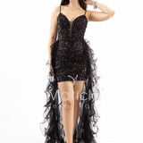 Abito midi in paillettes con strascico in tulle SS24228 NERO MARICLA ELEGANCE 