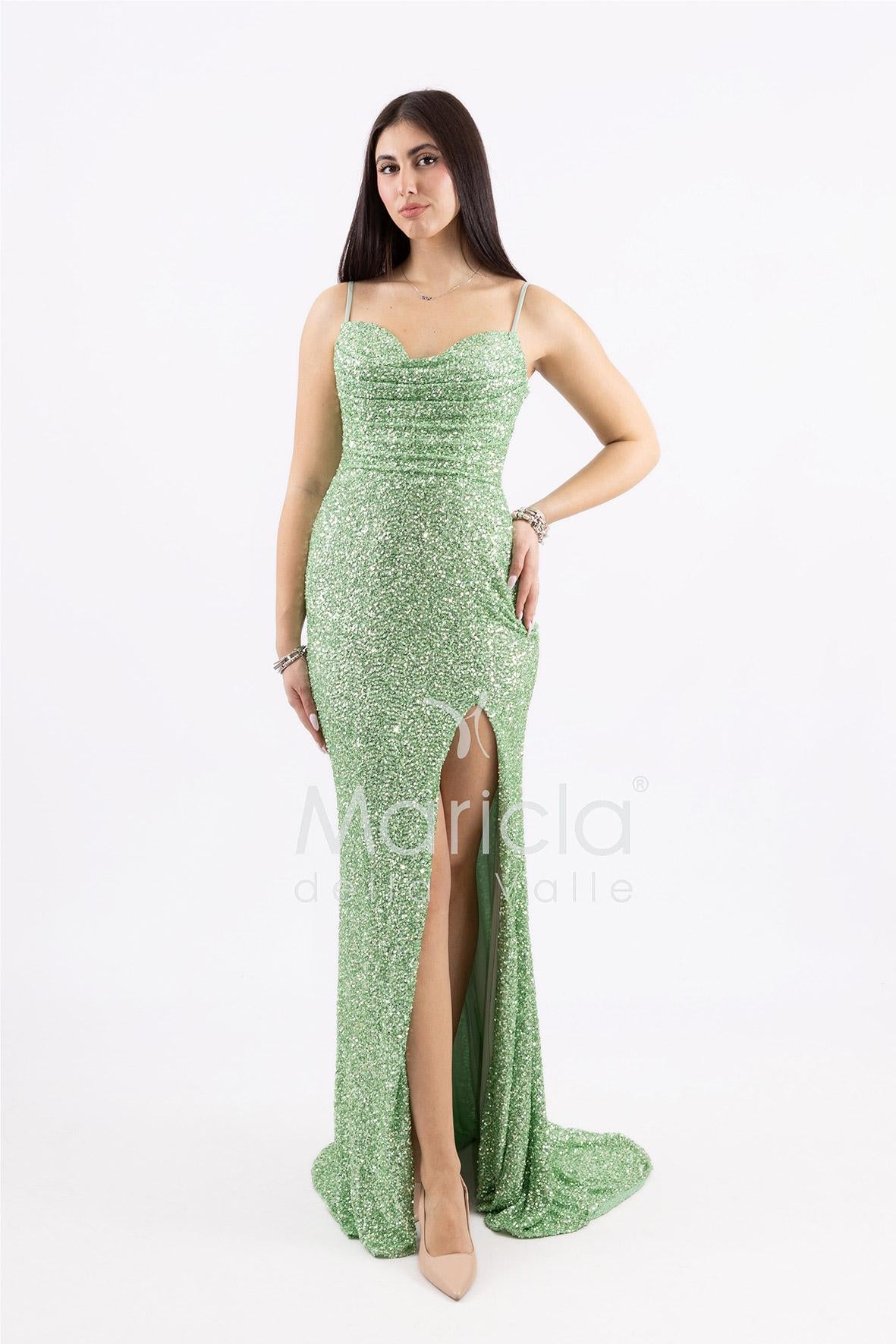 abito lungo paillettes drappeggio e spacco PB8066F MENTA MARICLA ELEGANCE 