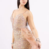 Abito midi in paillettes con strascico in tulle SS24228 ORO MARICLA ELEGANCE 