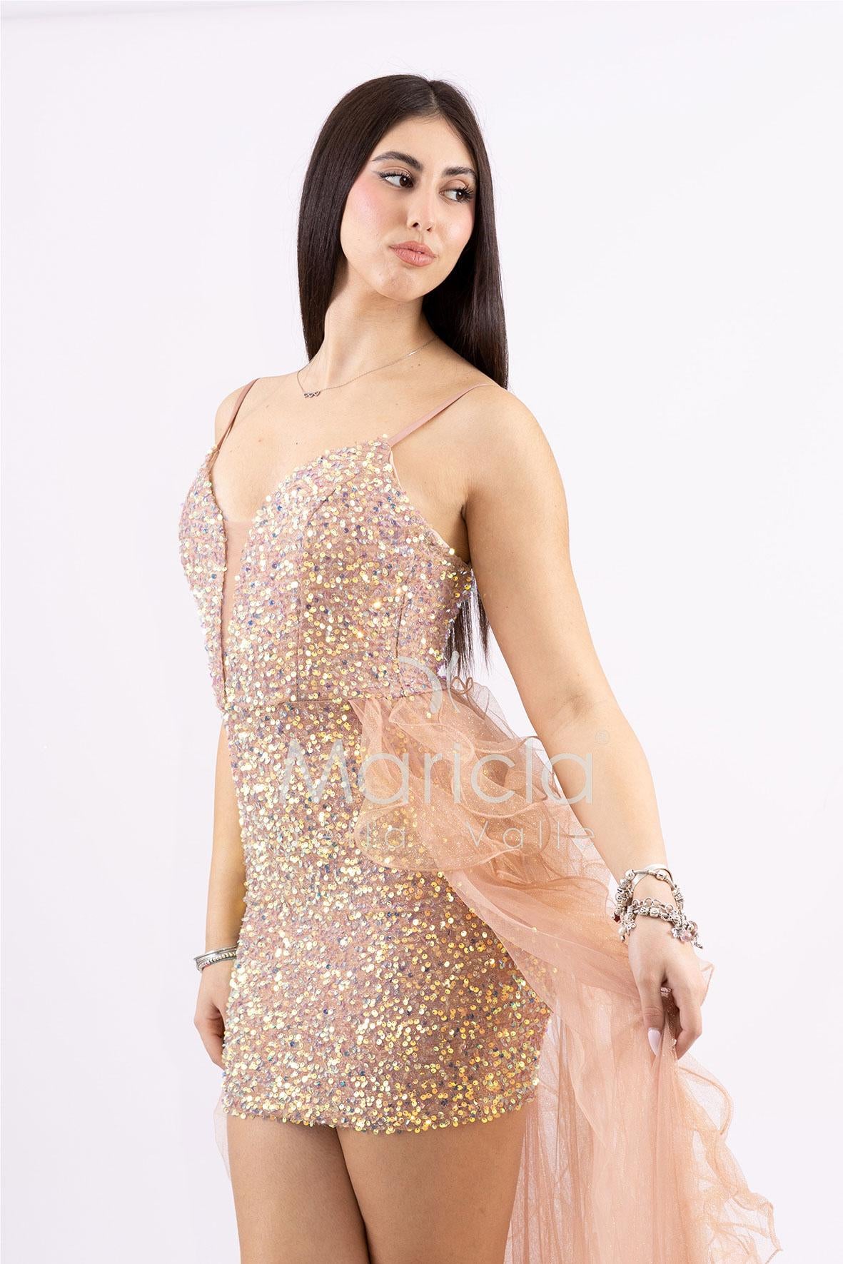 Abito midi in paillettes con strascico in tulle SS24228 ORO MARICLA ELEGANCE 