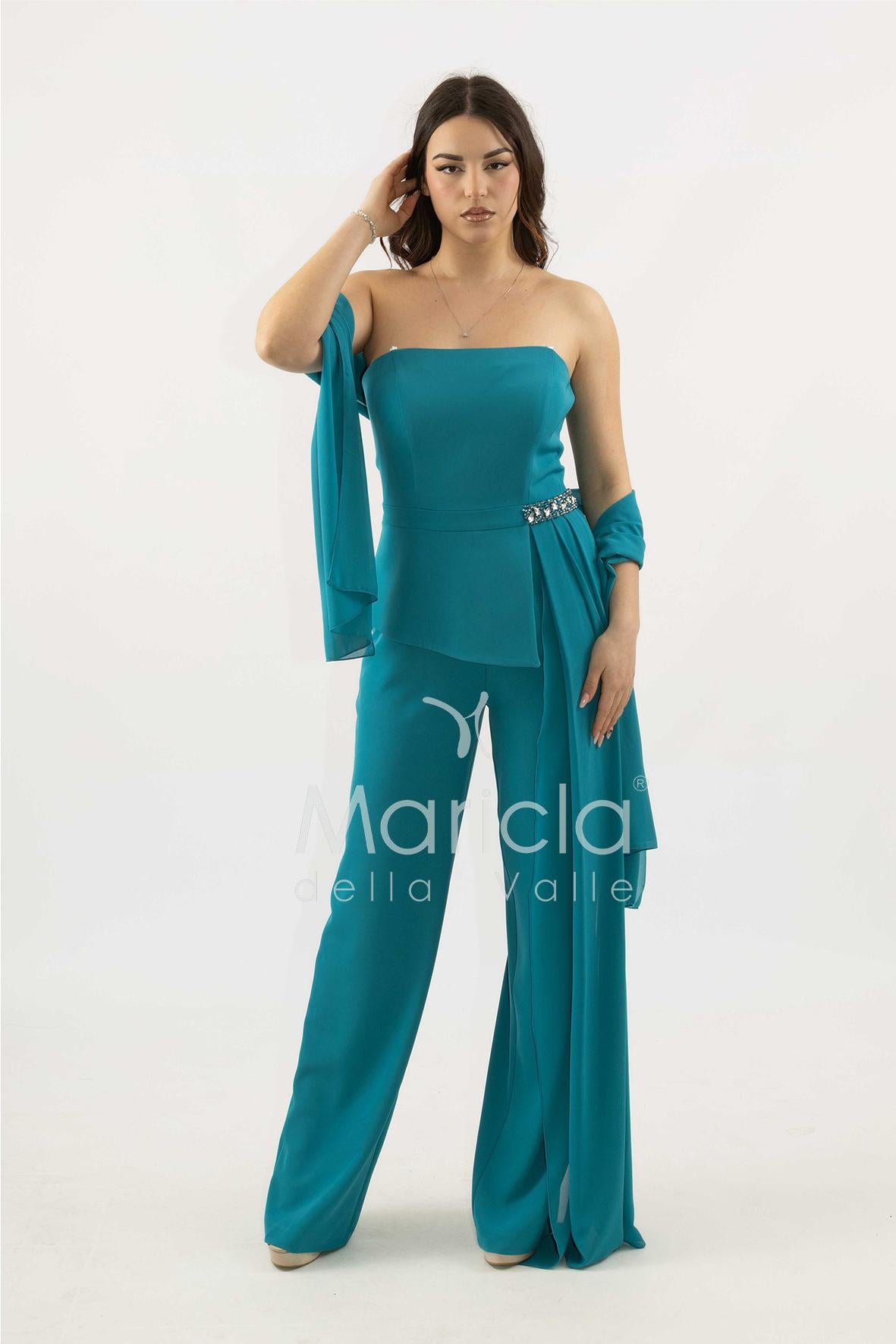 tuta con baschina e dettaglio strass SH906TU PETROLIO SHARON 