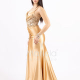 Abito lungo con pizzo ricami e perline FP826007 ORO MARICLA ELEGANCE 