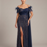 Abito lungo a sirena  con spacco e piume <BR/> KMK605 BLU MARICLA ELEGANCE 