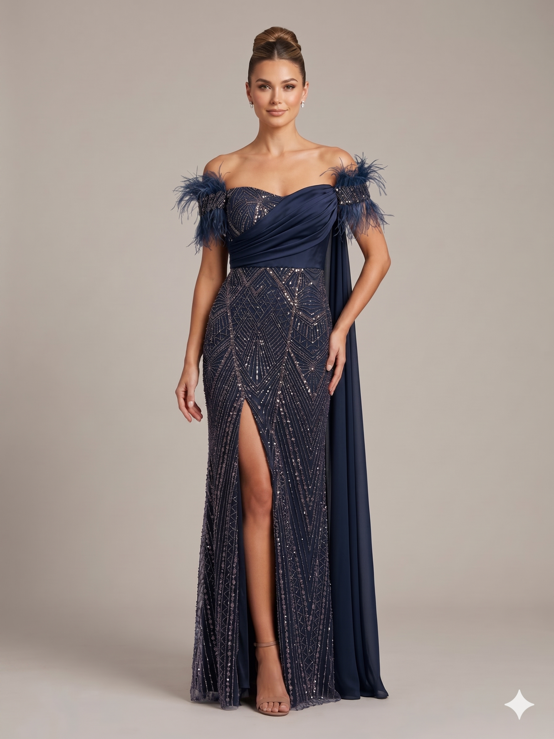 Abito lungo a sirena  con spacco e piume <BR/> KMK605 BLU MARICLA ELEGANCE 