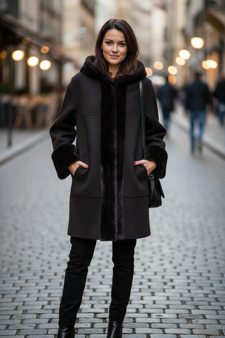 giaccone con cappuccio bordato con pelliccia ROMI2738 NERO MARICLA 