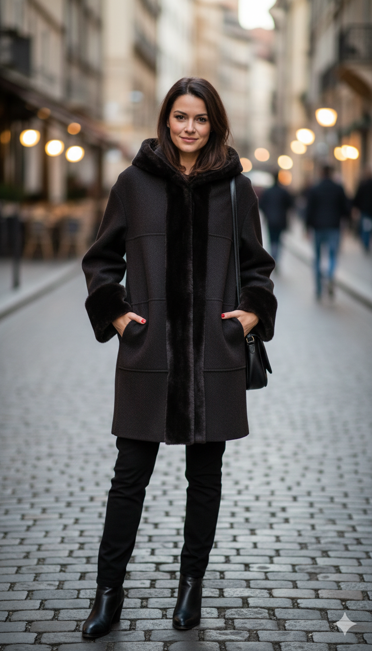 giaccone con cappuccio bordato con pelliccia ROMI2738 NERO MARICLA 