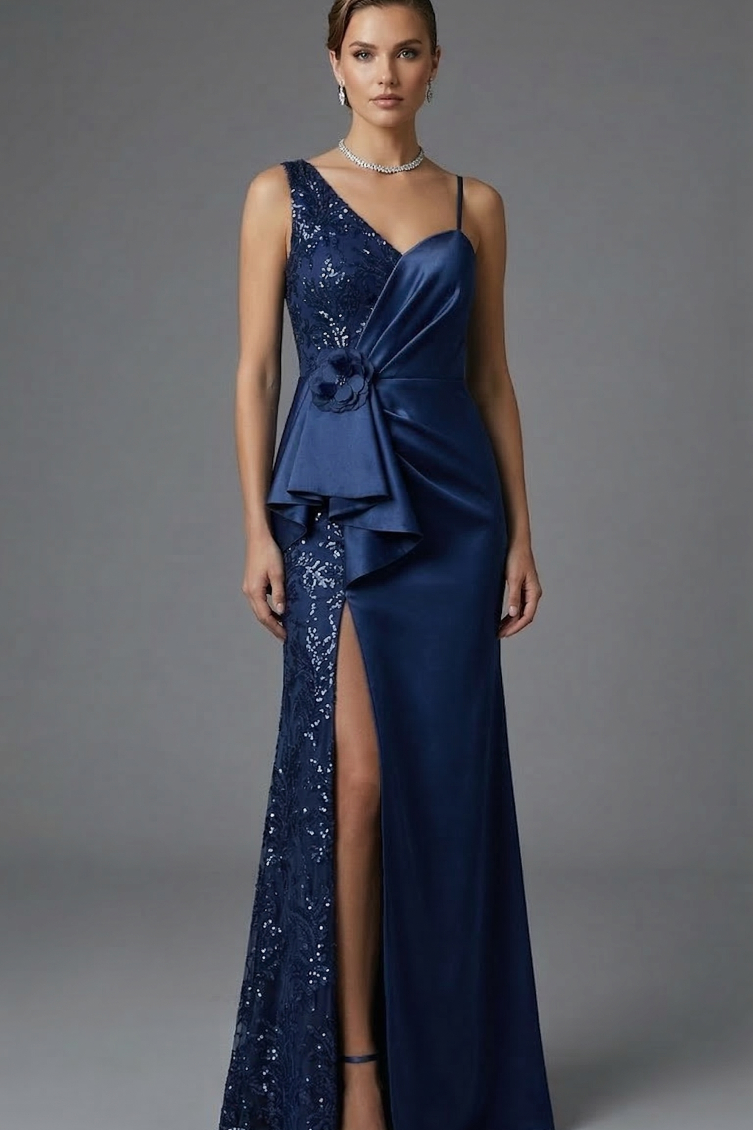 abito con fiore laterale e strass LH210AL BLU LUDOVICA HASSLER 