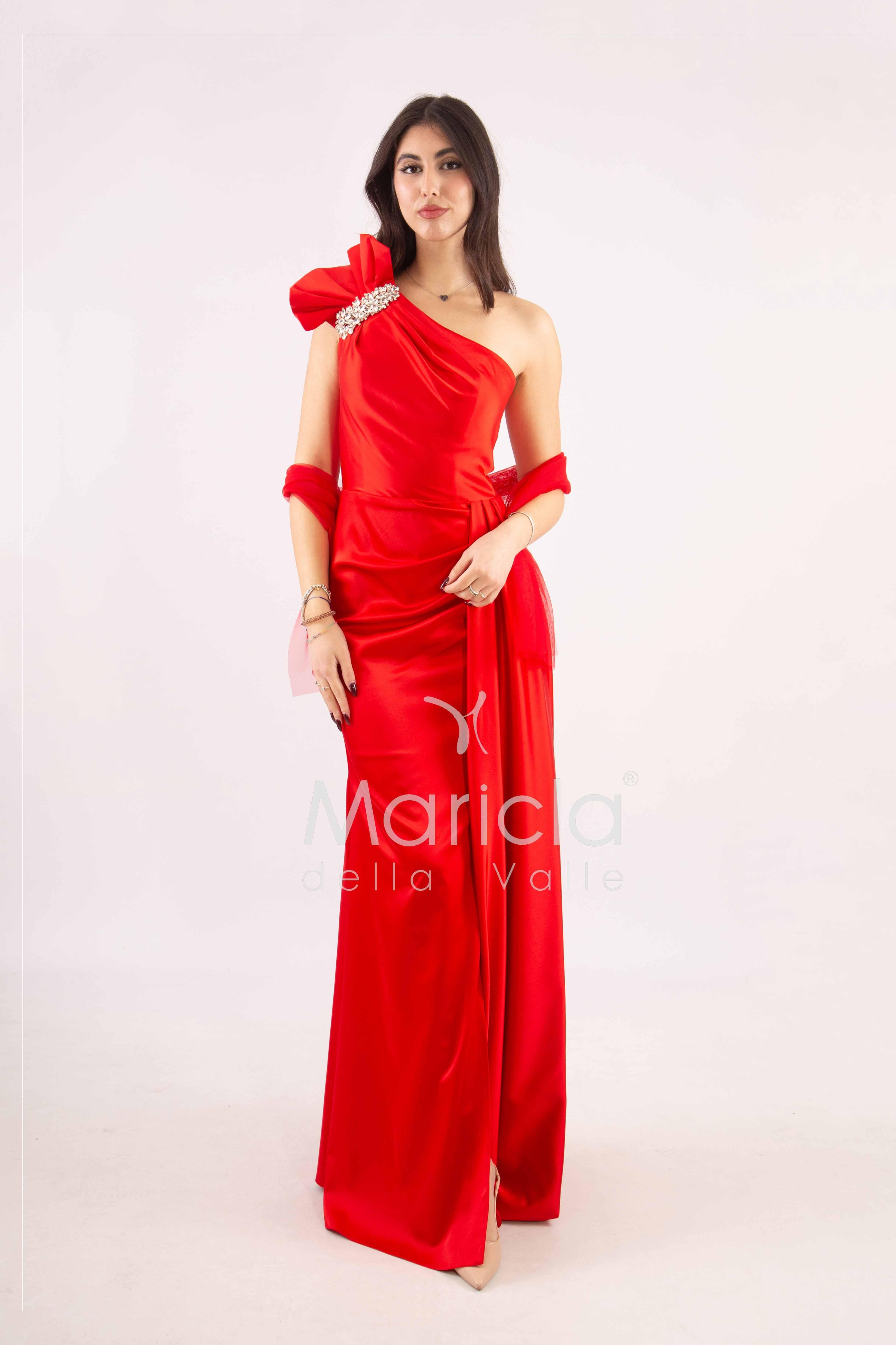 abito lungo monospalla strass spalla GC73 ROSSO GIGLI CERIMONIA 