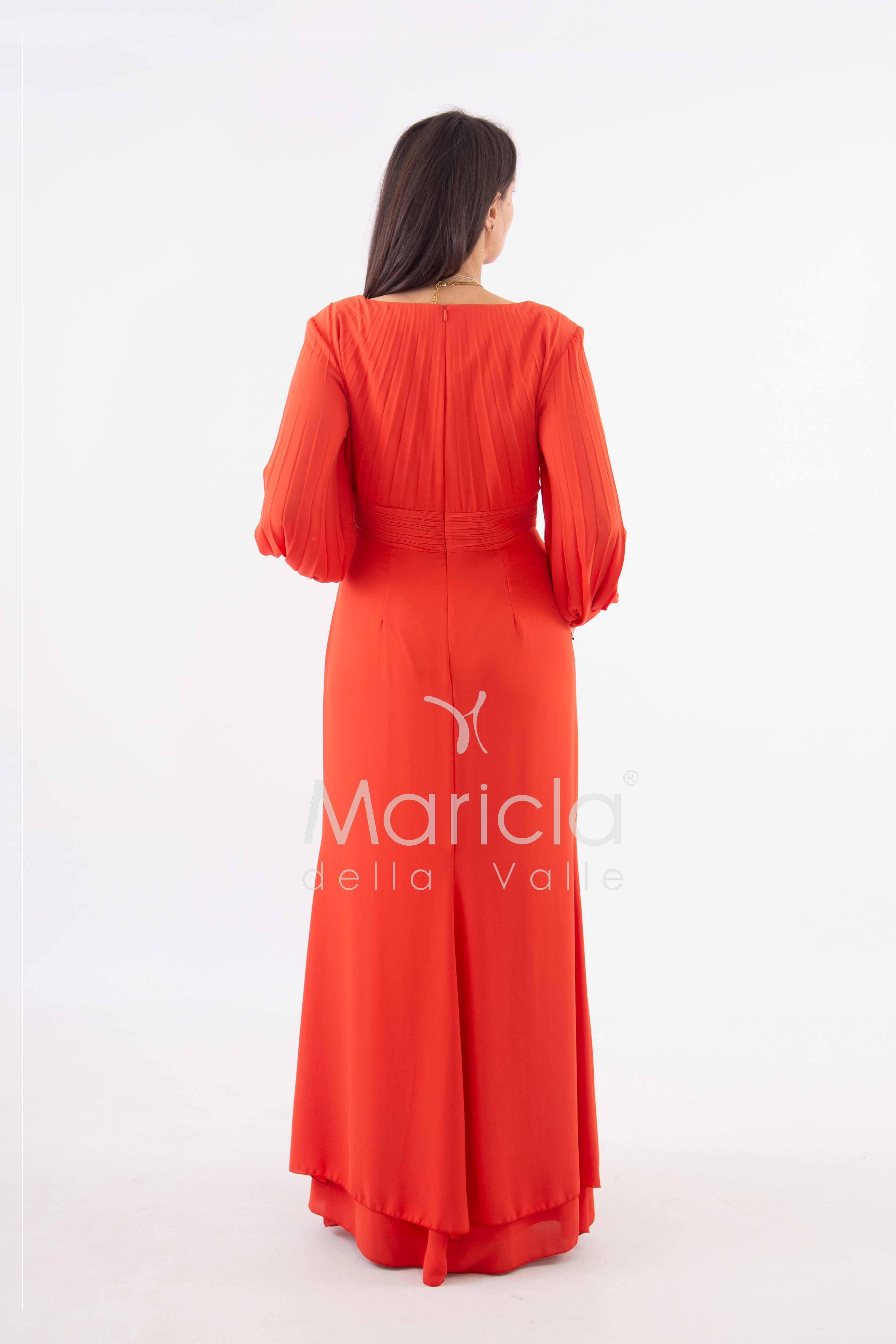 abito lungo con spilla piume SP240005 ARANCIO SONIA PENA 