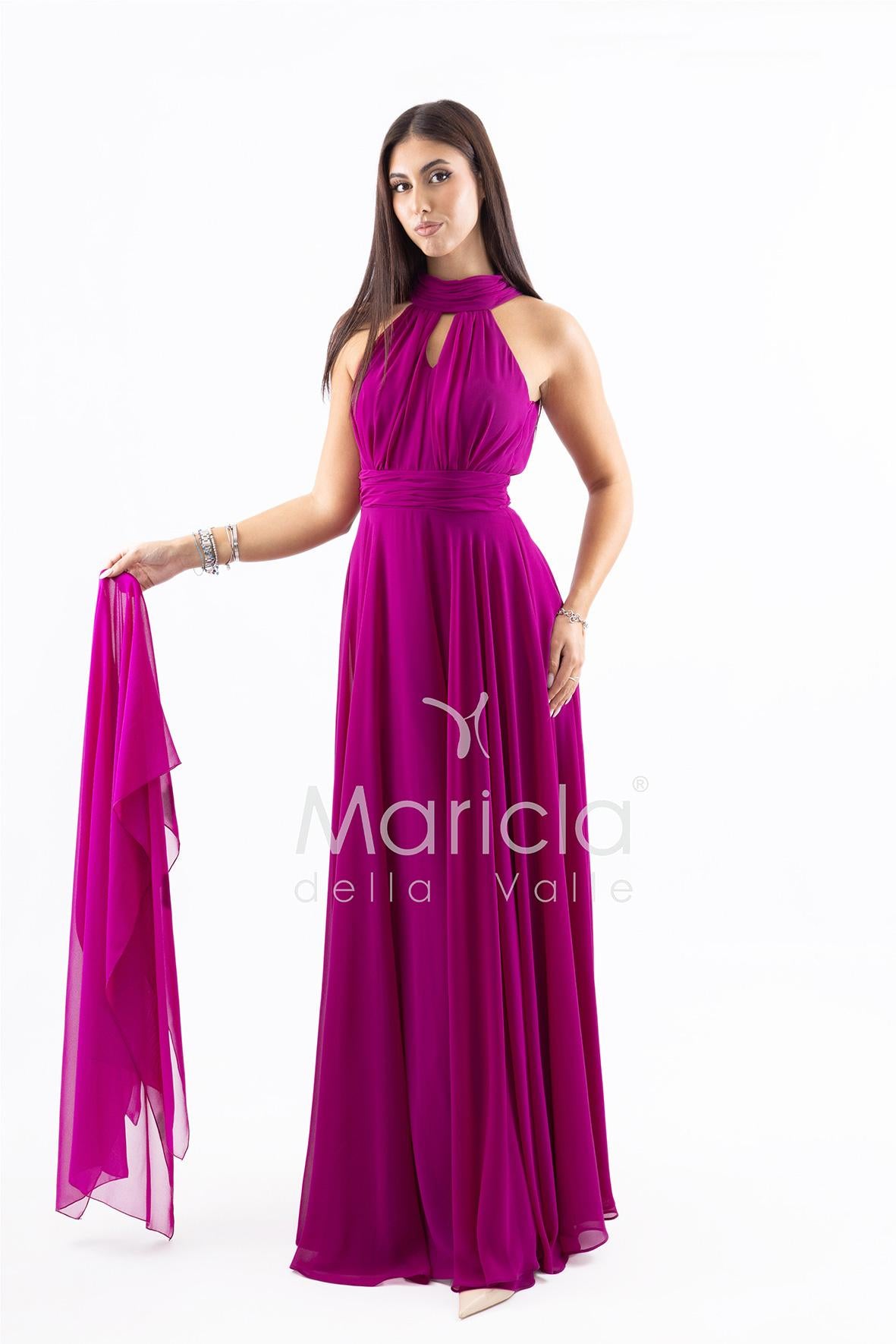 Abito lungo in chiffon con scollo americano FI7518 FUCSIA MARICLA ELEGANCE 
