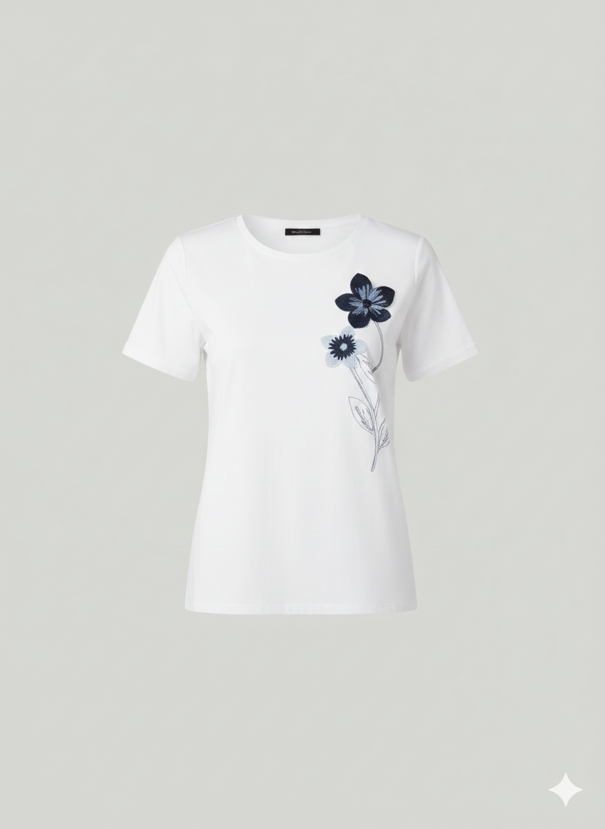 T-shirt in Cotone Premium con Ricamo Floreale ROMI2751 BIANCO MARICLA 