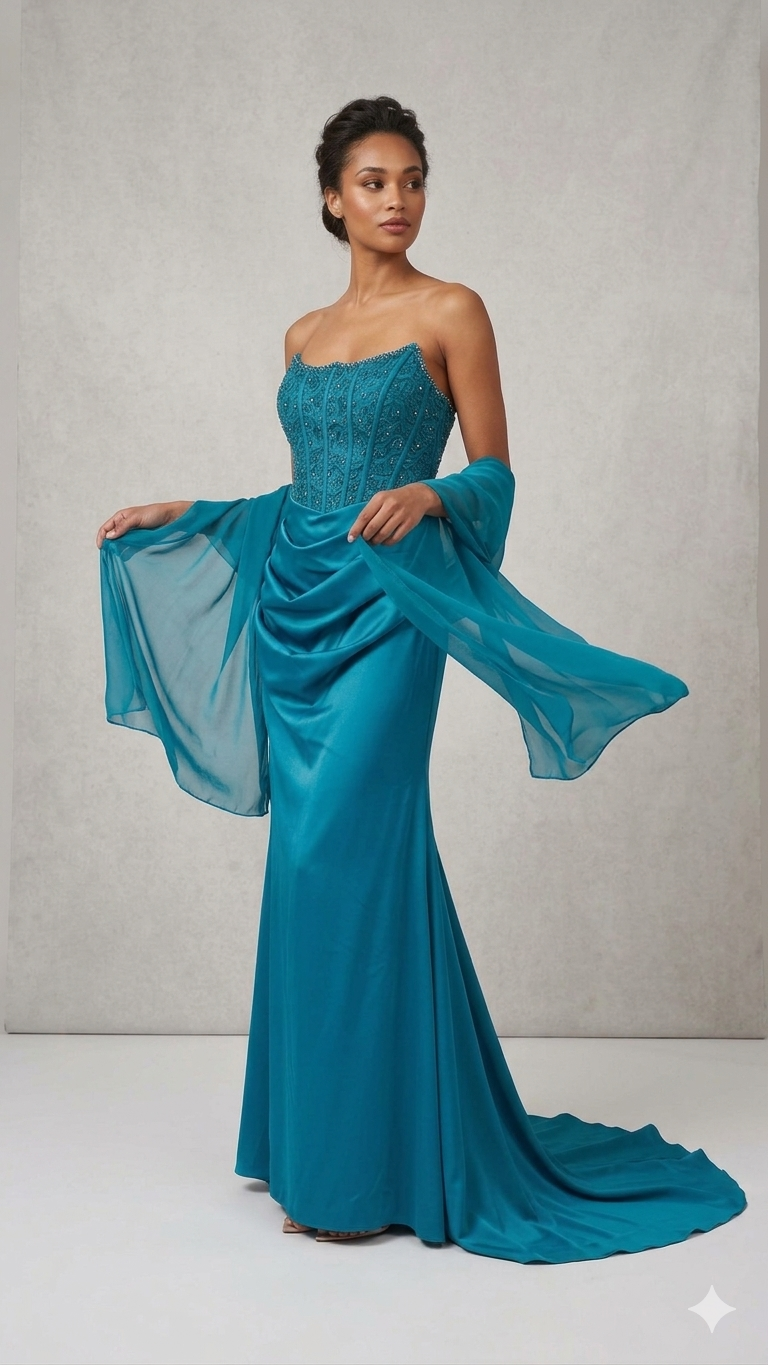 abito lungo con corpetto macramè CAR58595 PETROLIO MARICLA ELEGANCE 