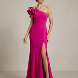 Abito monospalla con decorazione floreale KMK754 FUCSIA MARICLA ELEGANCE 