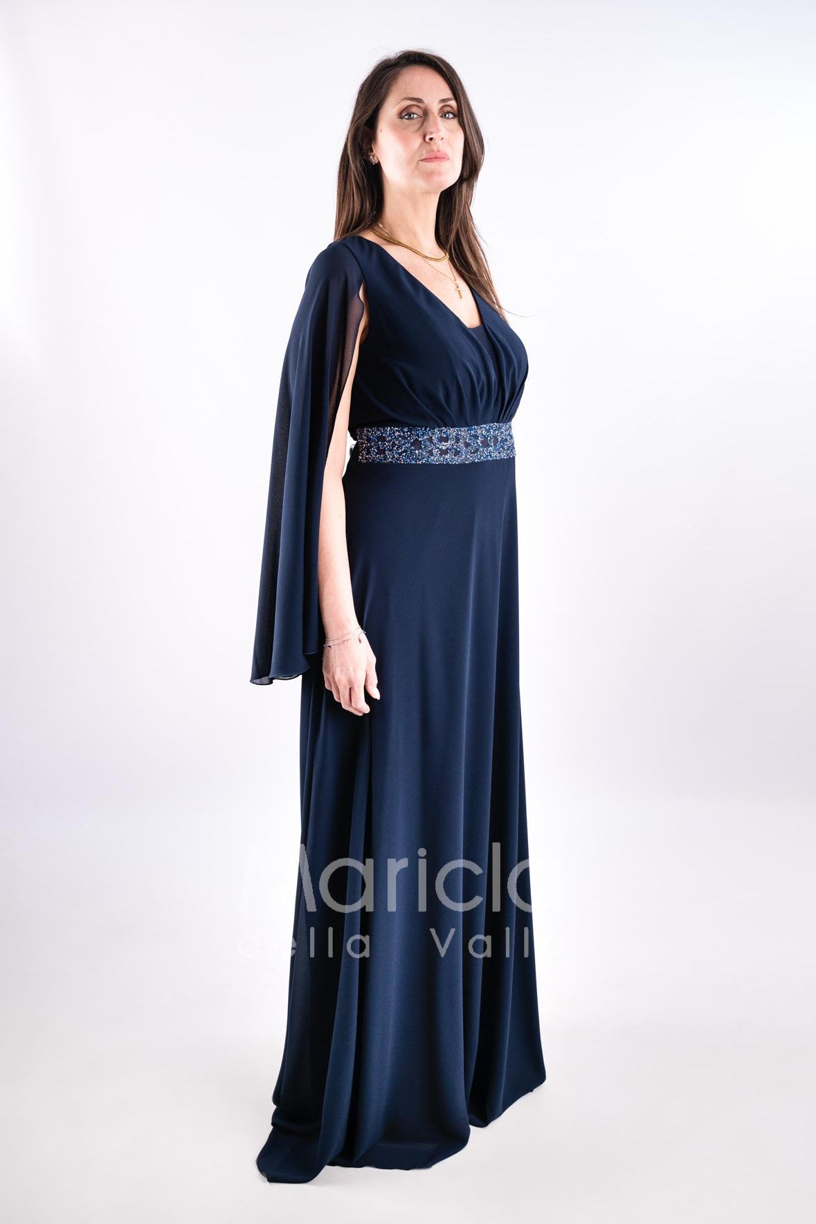 abito lungo con strass e manica aperta PF314 BLU PAOLA FORTI 