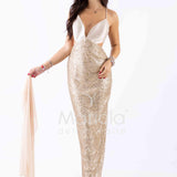 abito lungo paiette e raso scollato DEG55233 ORO MARICLA ELEGANCE 