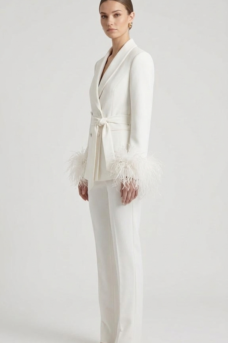 tailleur doppio petto con piume EC04602 BIANCO MARICLA 