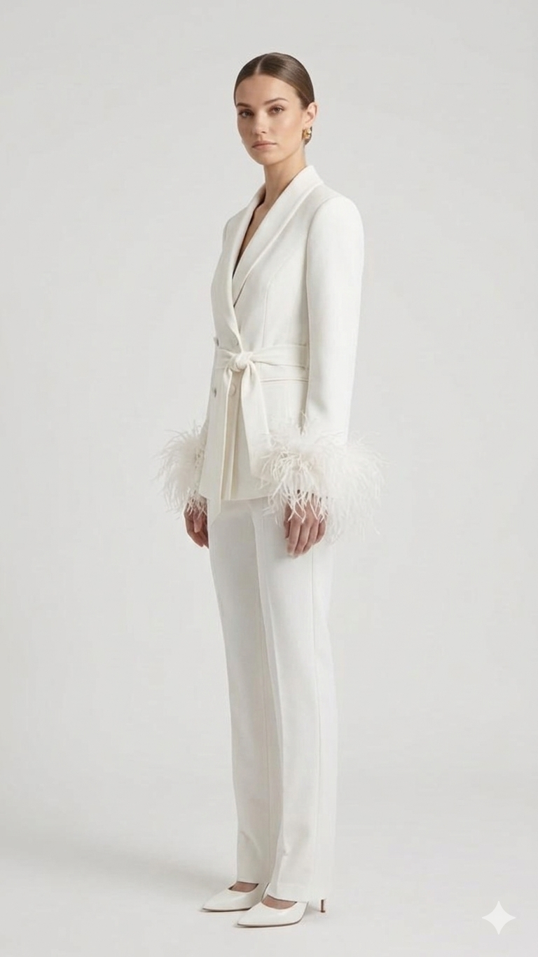 tailleur doppio petto con piume EC04602 BIANCO MARICLA 