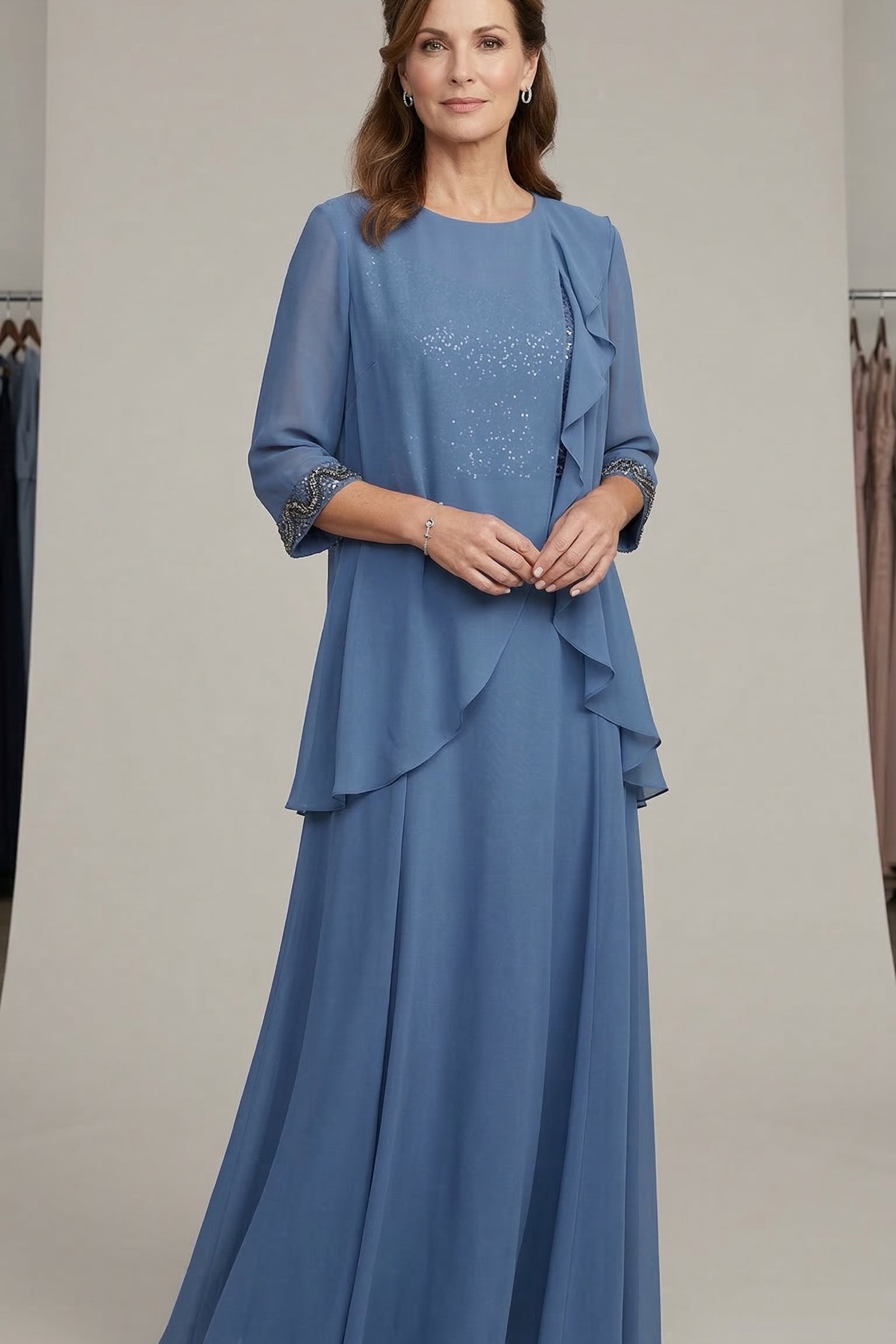 abito lungo paiette con cappa NC2138 INDACO MARICLA ELEGANCE 