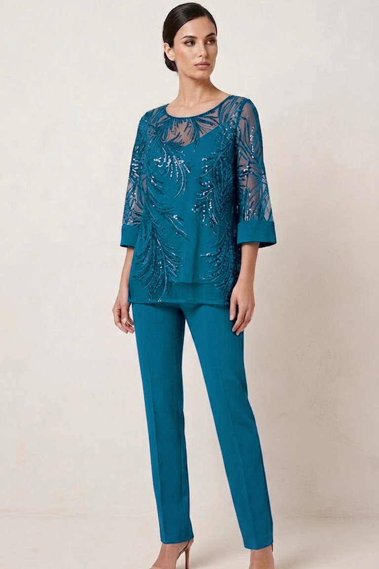 completo 3 pezzi Casacca ricamata- Canotta - Pantalone SH602TP PETROLIO SHARON 