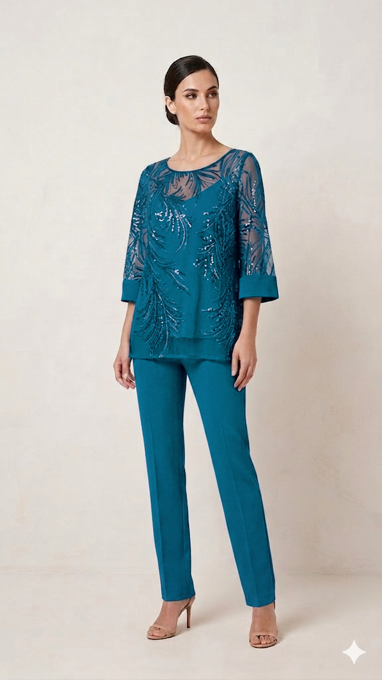 completo 3 pezzi Casacca ricamata- Canotta - Pantalone SH602TP PETROLIO SHARON 