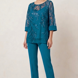 completo 3 pezzi Casacca ricamata- Canotta - Pantalone SH602TP PETROLIO SHARON 