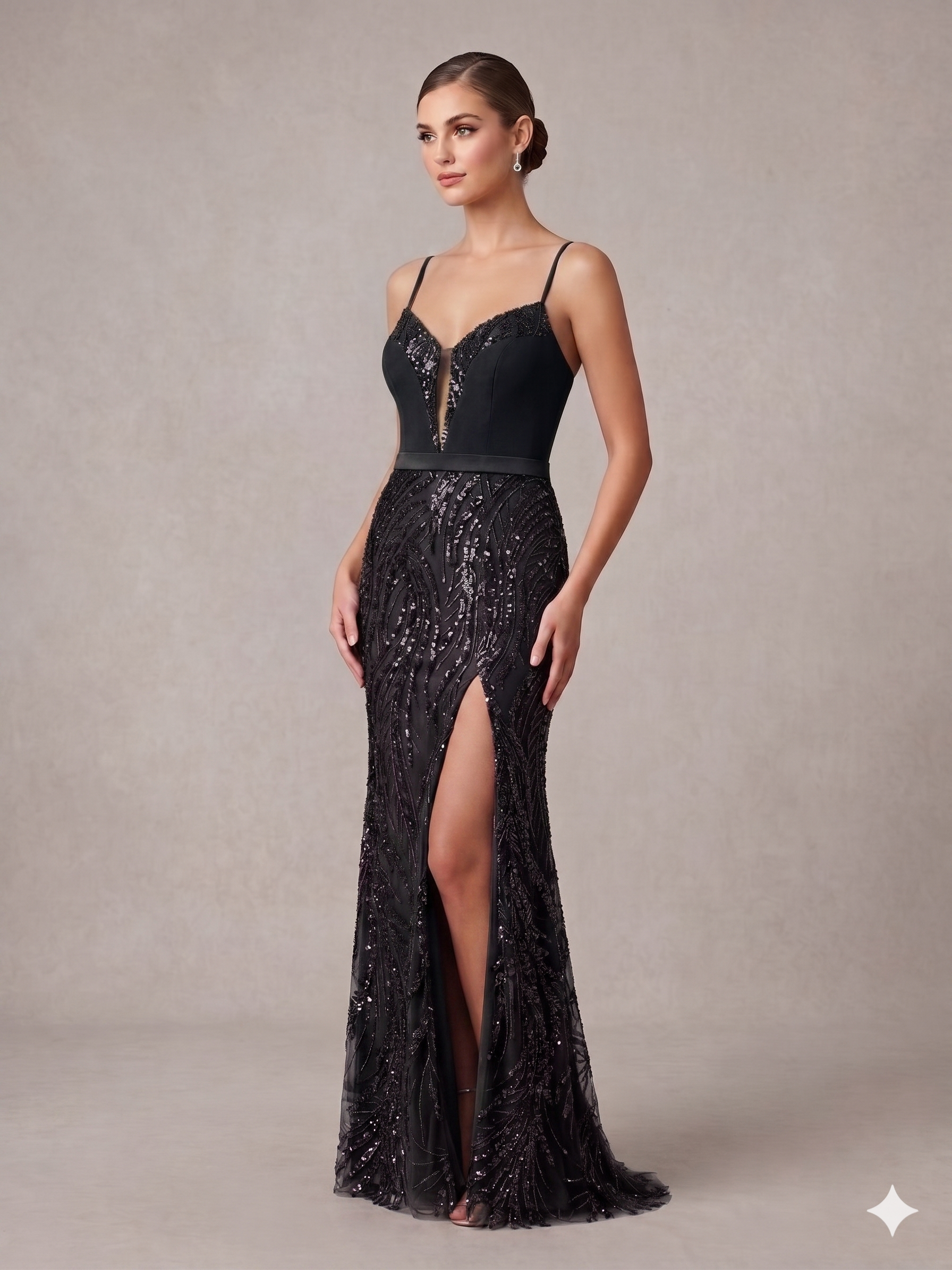 Abito con spacco con ricami e paillettes KMK709 NERO MARICLA ELEGANCE 
