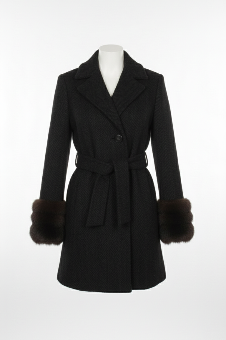 cappotto diagonale con manicotto pelliccia ROMI2754 NERO MARICLA 
