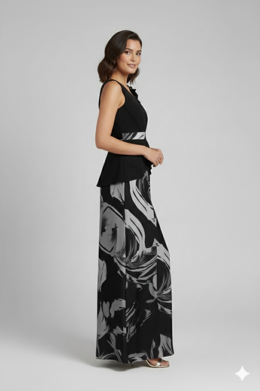 abito lungo con baschina e fantasia SH503AL NERO SHARON 