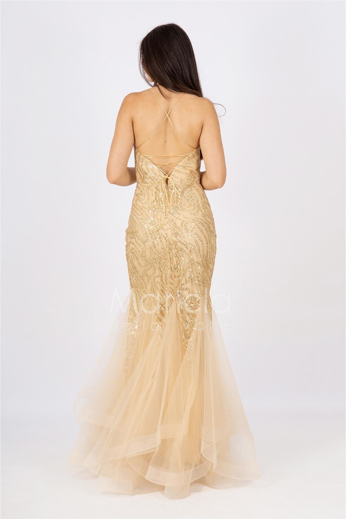 abito lungo glitter con triangoli toulle FI7269 ORO MARICLA ELEGANCE 