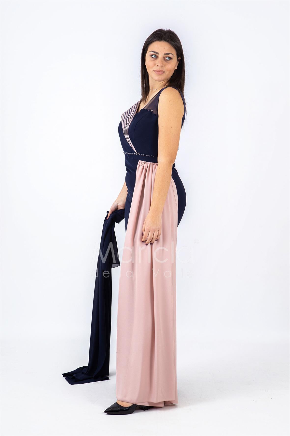 Abito lungo bicolore con strass PF601 BLU PAOLA FORTI 