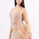 Abito midi in paillettes con strascico in tulle SS24228 ORO MARICLA ELEGANCE 