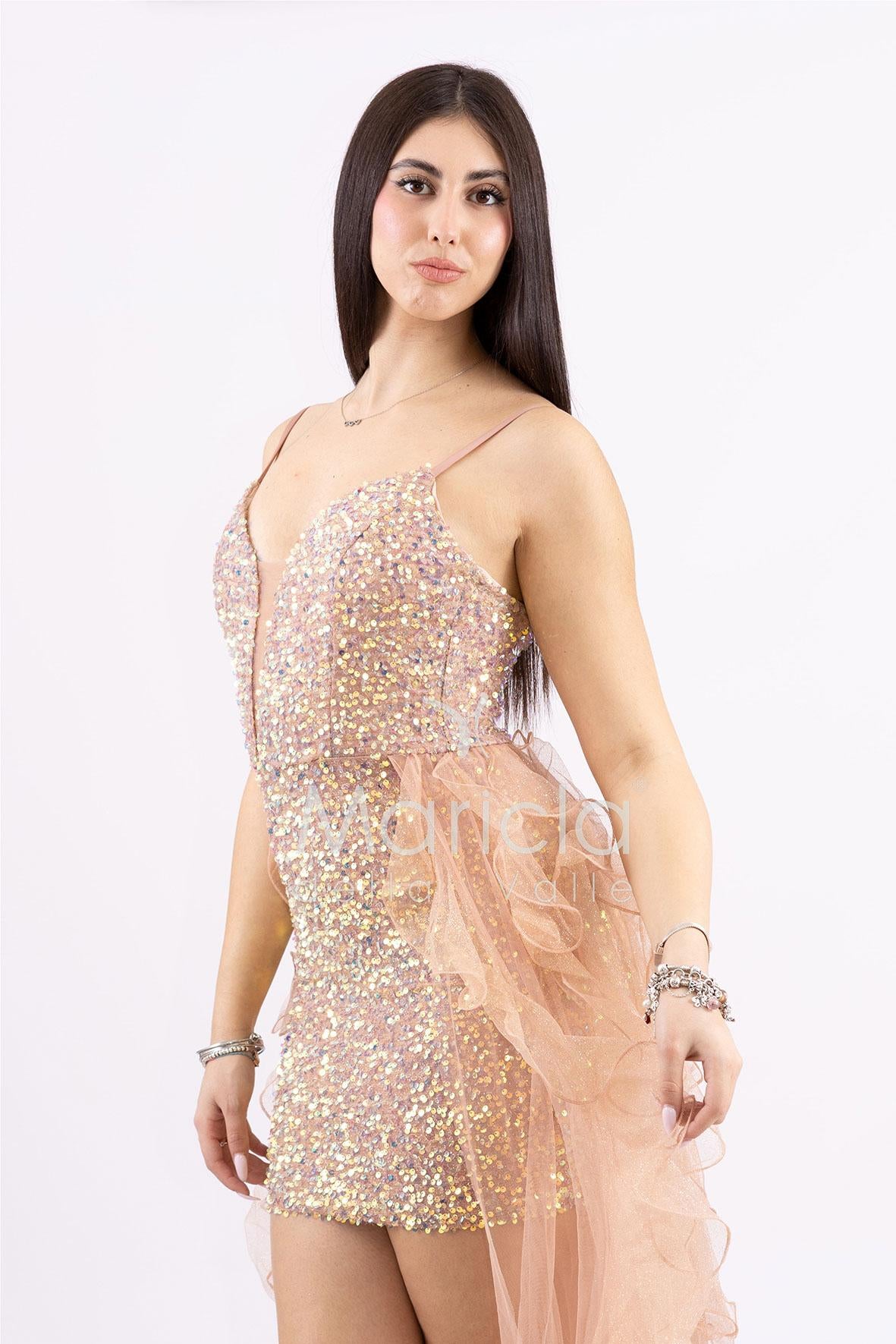 Abito midi in paillettes con strascico in tulle SS24228 ORO MARICLA ELEGANCE 