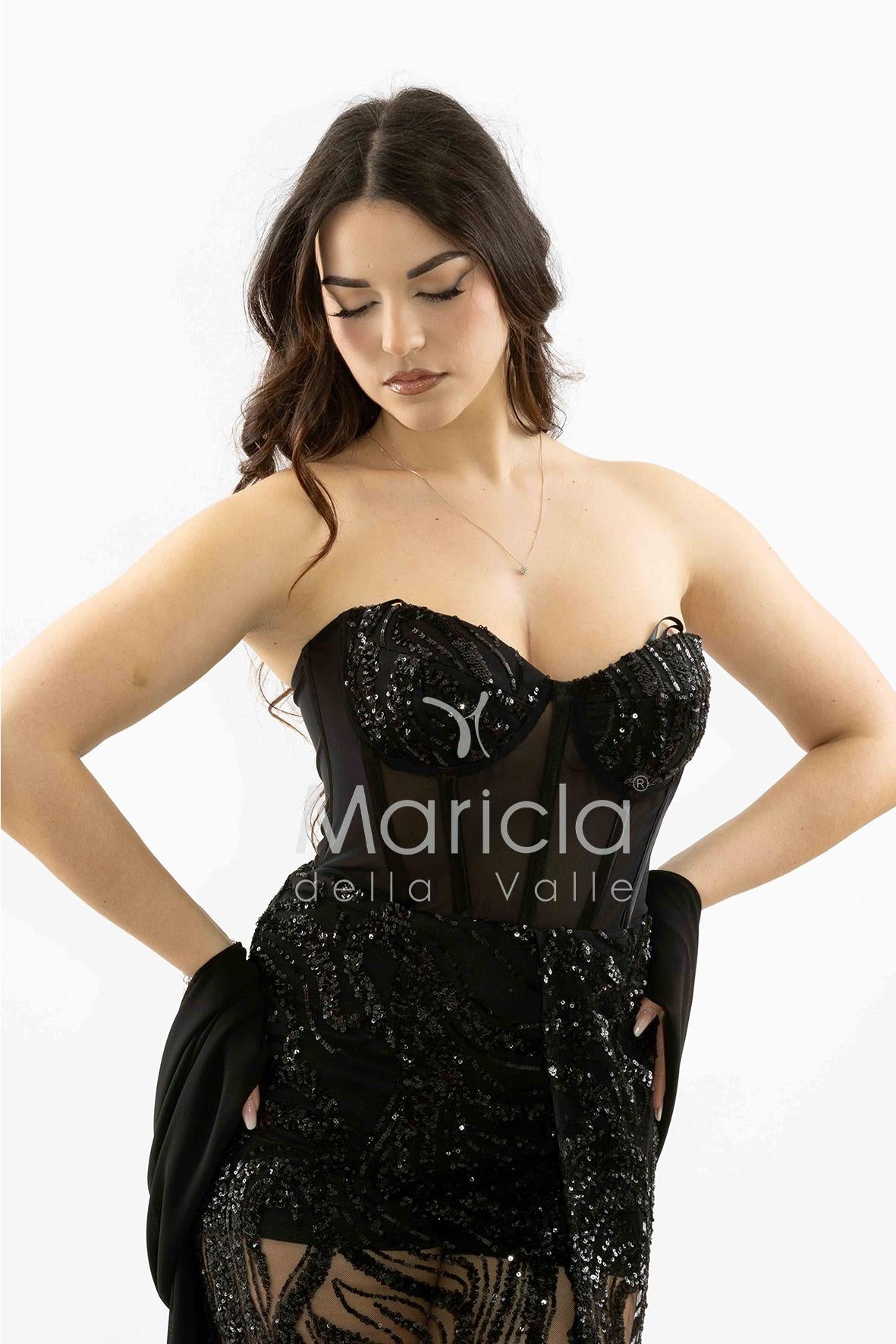 abito paiette con trasparenza e culotte SH848AL NERO SHARON 