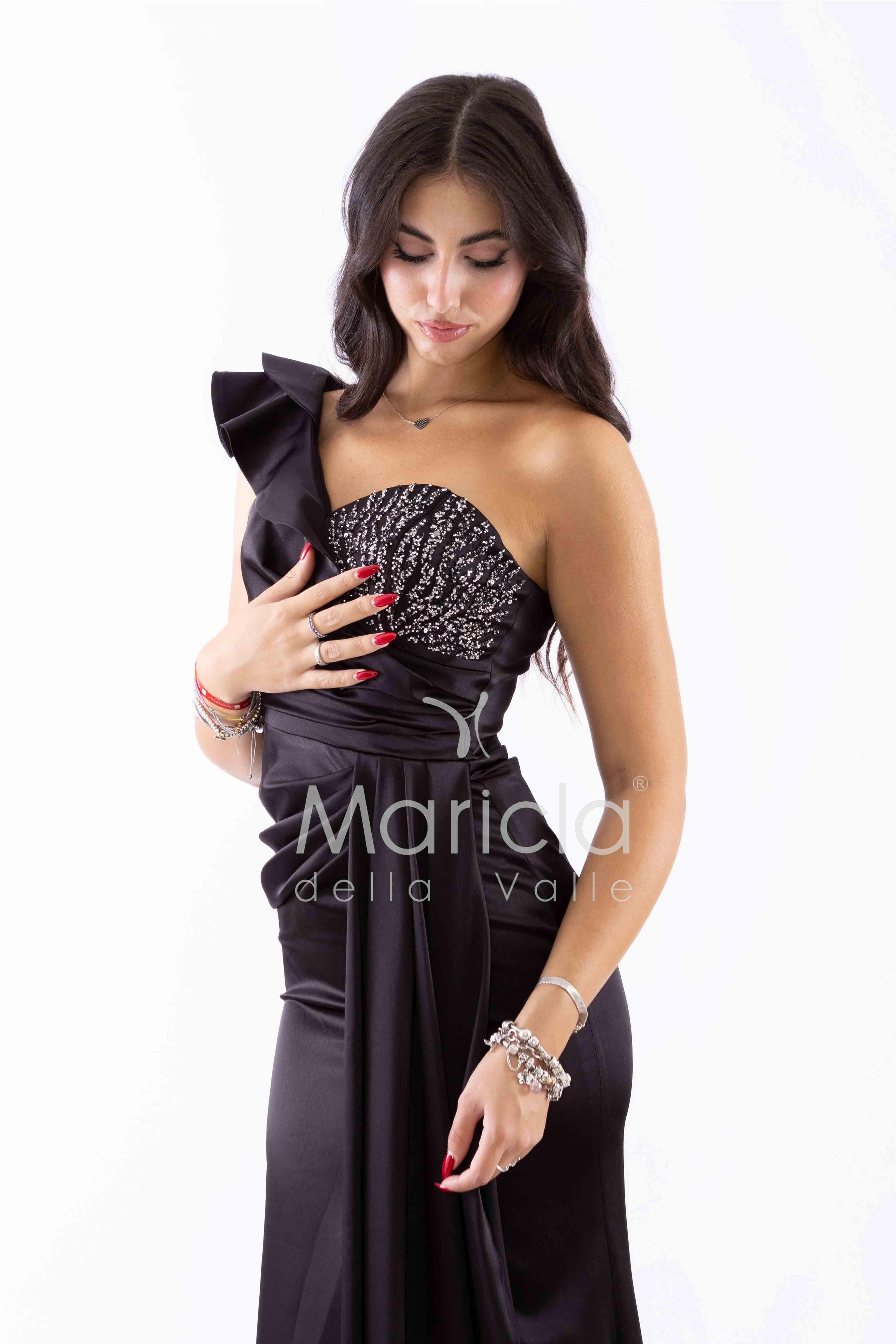 abito lungo pieghe e corpetto strass ALC05 NERO MARICLA ELEGANCE 