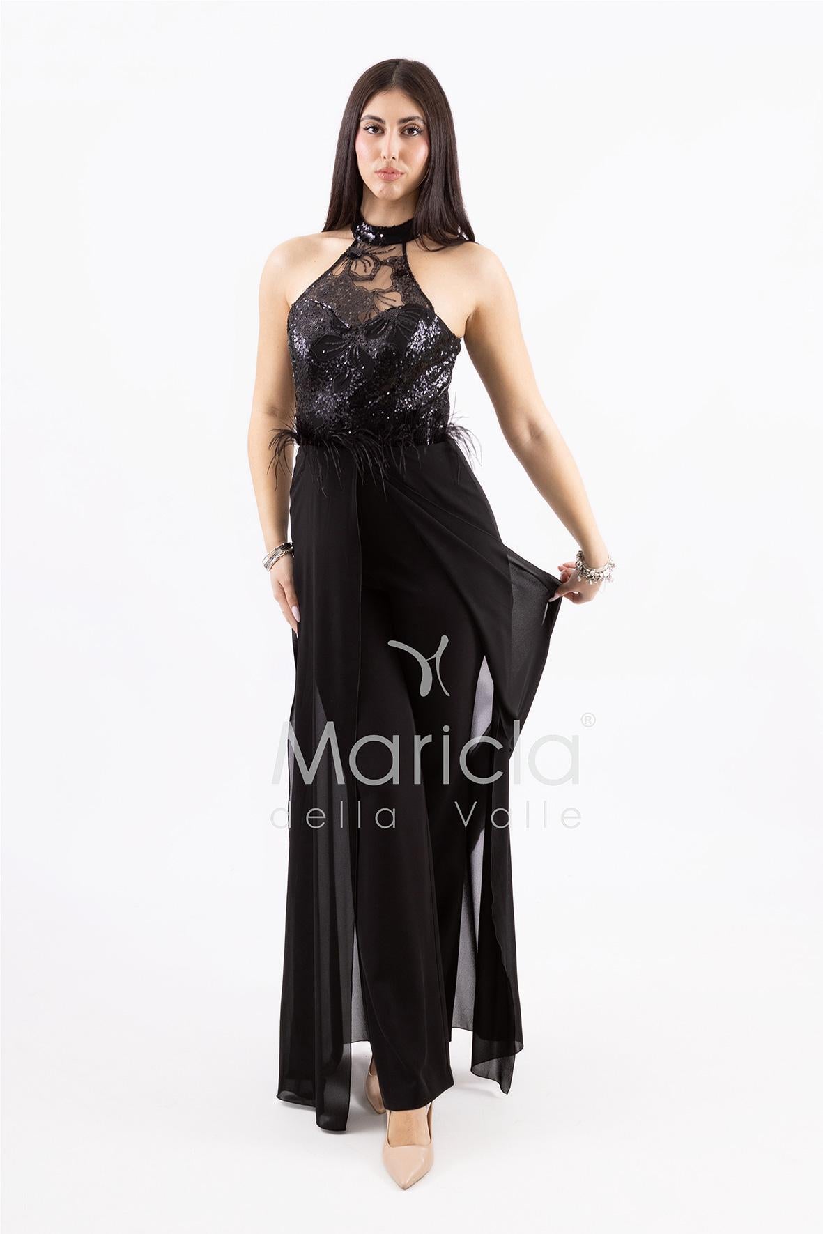 tuta ricamo e piume SH909TU NERO SHARON 