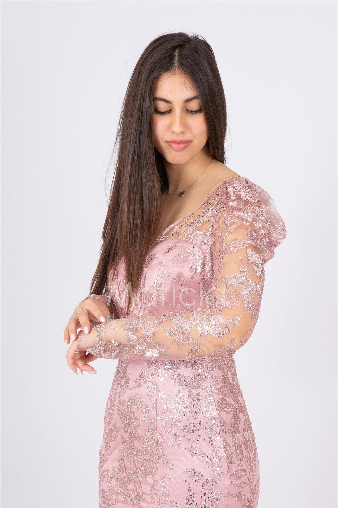 abito lungo sirena ricamato paiette FI6949 ROSA MARICLA ELEGANCE 