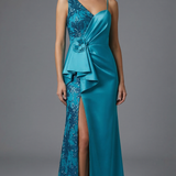 abito con fiore laterale e strass LH210AL PETROLIO LUDOVICA HASSLER 