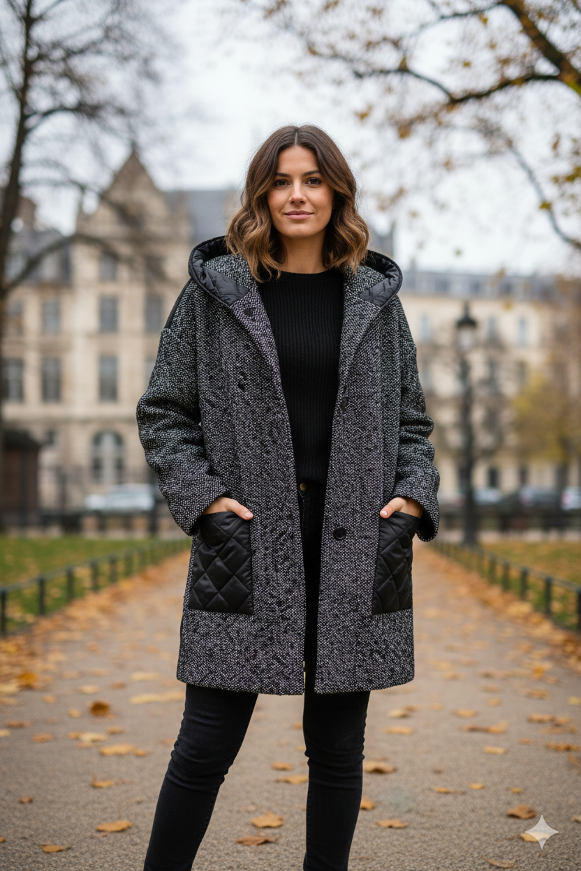 Giaccone piumino fantasia con cappuccio<BR/> LOREDANA NERO MARICLA 