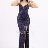 Abito lungo a sirena con paillettes e strascico PF8065F BLU MARICLA ELEGANCE 