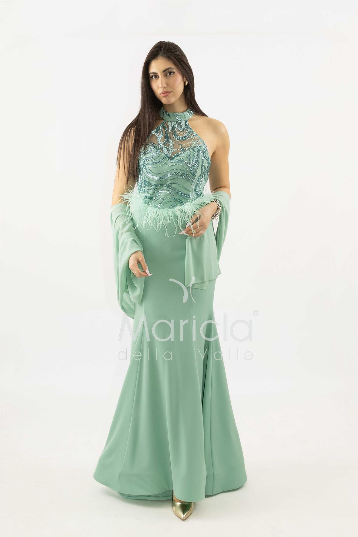 abito lungo con corpetto in strass e piume SH842AL MENTA SHARON 