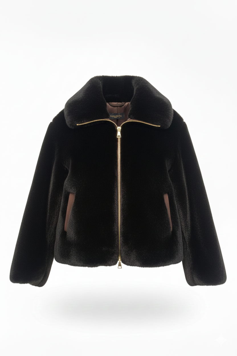 Giaccone in pelliccia con profili ecopelle CH2652 NERO CHIARA 