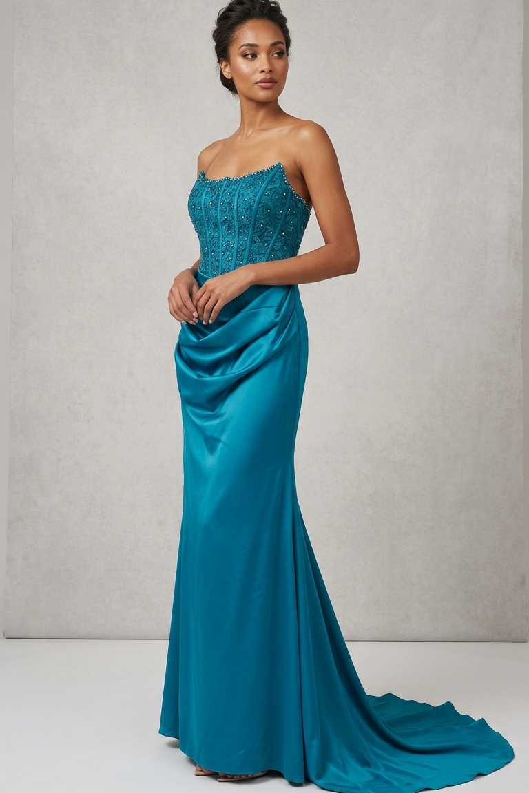 abito lungo con corpetto macramè CAR58595 PETROLIO MARICLA ELEGANCE 