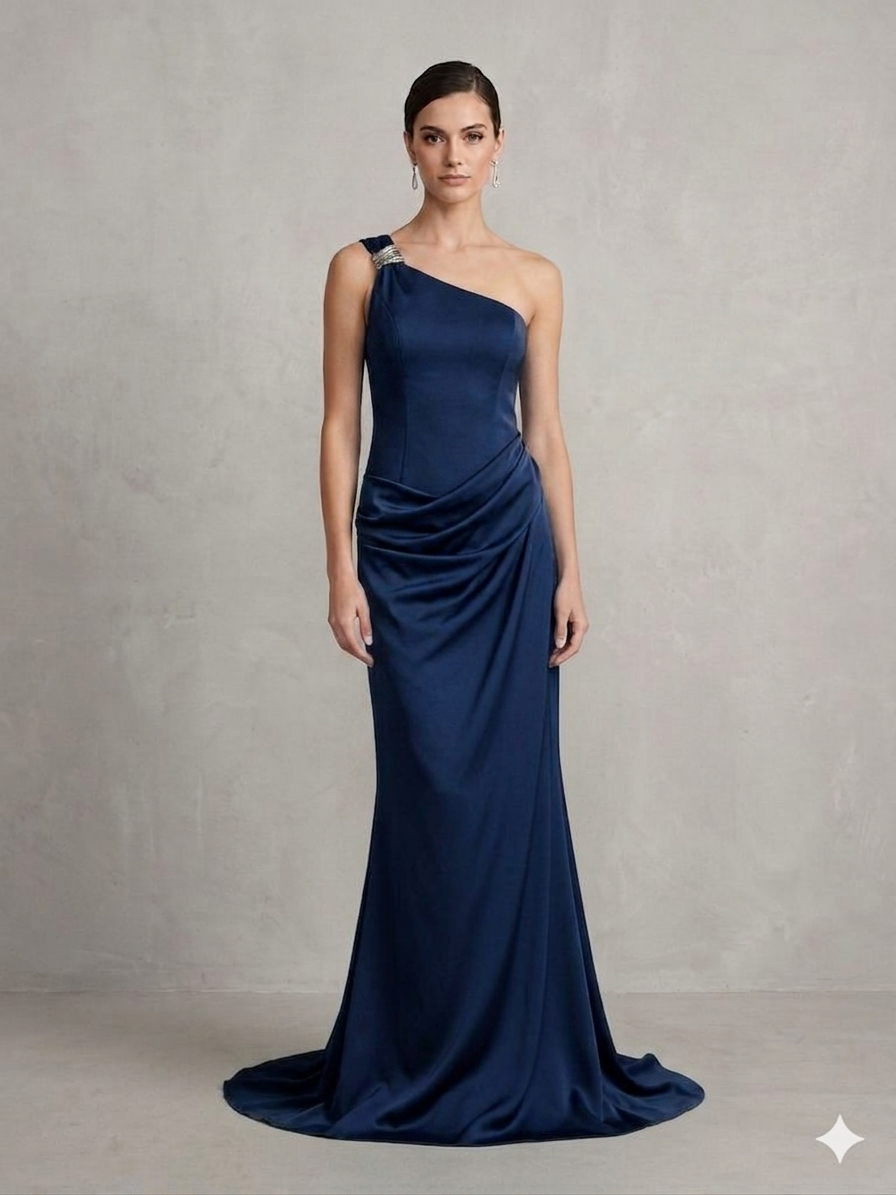 abito lungo monospalla gioiello CAR58608 BLU MARICLA ELEGANCE 